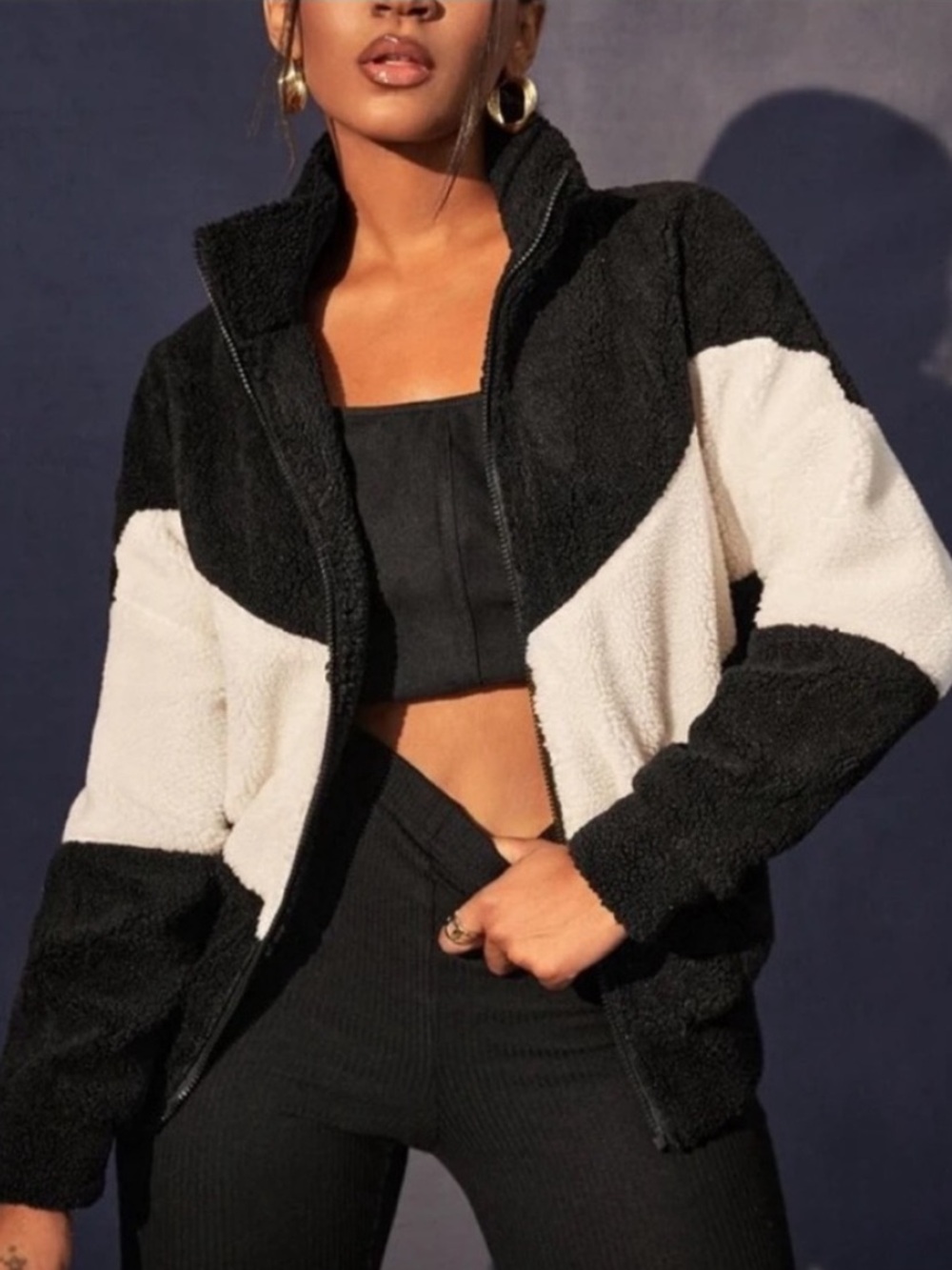Colorblock Black & White Fleece Jacket - Women's Cozy Zip-Up